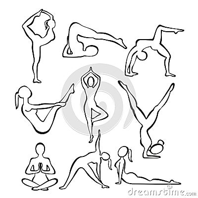 Vector illustration set of contour silhouettes of slim girl practicing yoga positions, line shapes of woman doing yoga Vector Illustration