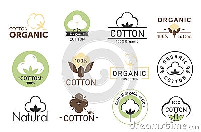 Vector illustration set of cotton logos, eco fabric, organic cotton logos collection isolated on white background. Vector Illustration