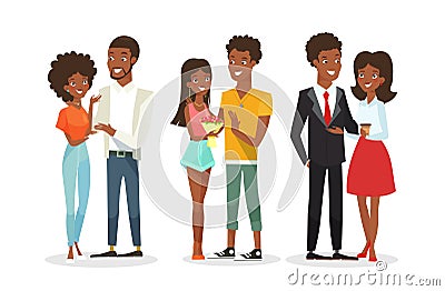 Vector illustration set of cute African American couples on the date. Young woman and man. Black people, family Vector Illustration