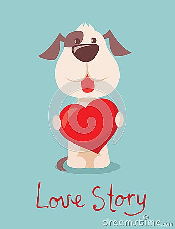 Vector illustration set of cute and funny cartoon little Valentine dogs-pupies in love with heart, rose, wings and Vector Illustration