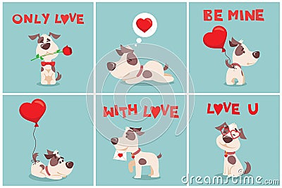 Vector illustration set of cute and funny cartoon little Valentine dogs-pupies in love with heart, rose, wings and Vector Illustration