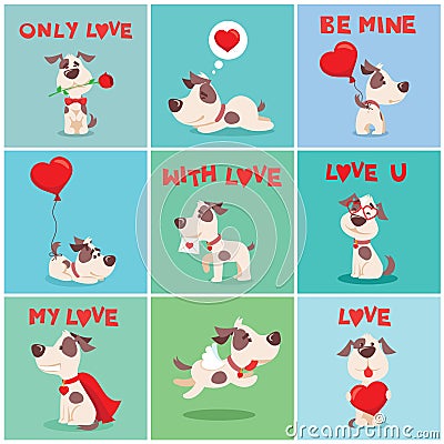 Vector illustration set of cute and funny cartoon little Valentine dogs-pupies in love with heart, rose, wings and Vector Illustration