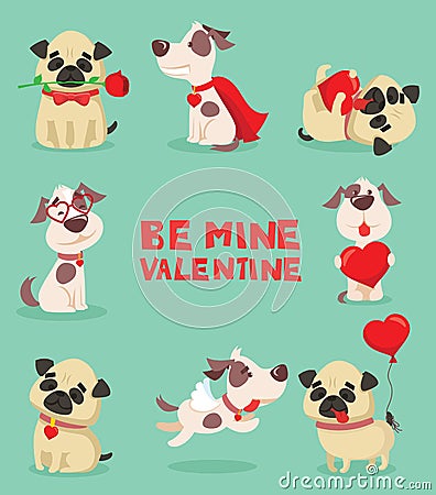 Vector illustration set of cute and funny cartoon little Valentine dogs-pupies in love with heart, rose, wings and Vector Illustration