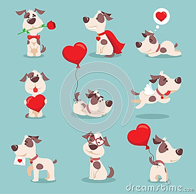 Vector illustration set of cute and funny cartoon Valentine dogs-pupies in love with heart, rose, wings and balloon Vector Illustration