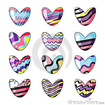 Vector illustration. Set of cute hearts painted in rainbow colors isolated on white background. Vector Illustration