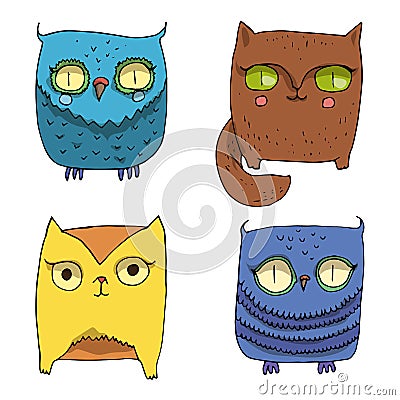 Vector illustration set of cute kawai animals, flat icons. Cartoon fox, owl and kitty in blue, brown and orange yellow colours Vector Illustration