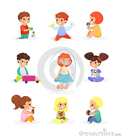 Vector illustration set of cute kids playing with toys, dolls, jumping, smiling. Happy children having fun, cartoon flat Vector Illustration