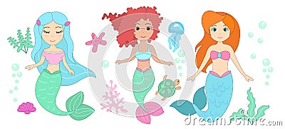 Vector illustration set of cute mermaids with different hair colors, aquatic nature, corrals, seashells, jellyfish and Vector Illustration