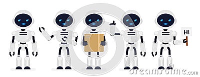 Vector illustration set of cute robots white color in different poses in flat cartoon style. Vector Illustration
