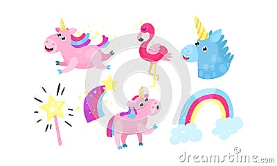 Vector Illustration Set With Cute Unicorn And Flamingo For Design Vector Illustration