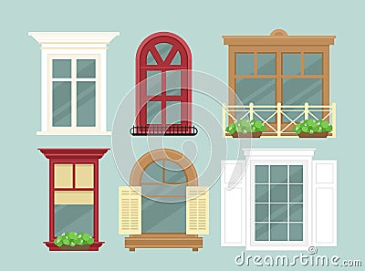 Vector illustration set of detailed various colorful windows with flowers, decorations and window sills, curtains. Flat Vector Illustration