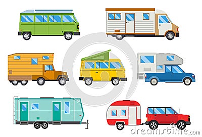 Vector illustration set of different campers travel car flat transport. Vector Illustration