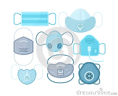 Vector illustration set of different medical masks. Face pollution mask collection. Breathe protective devices, allergy Vector Illustration