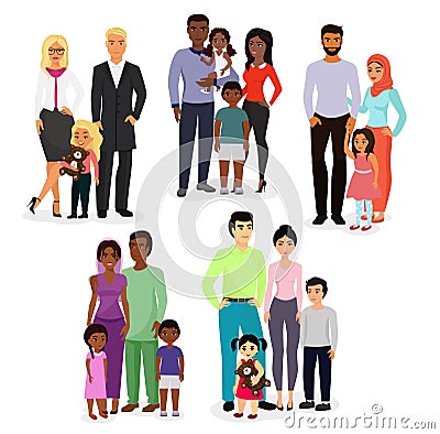 Vector illustration set of different nationals couples and families. People of different races, nationalities white Vector Illustration