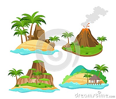 Vector illustration set of different scenes of tropical islands with palm trees and mountains, volcano isolated on white Vector Illustration