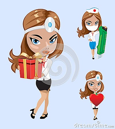 Vector illustration. Set of doctors or nurse in different poses. Vector Illustration