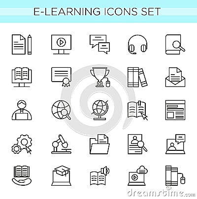 Vector illustration set of E-learning line icons, online education elements in thin line elegant style. minimal web icon Vector Illustration