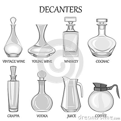 Vector illustration of set of eight decanters of various drinks. Vector Illustration