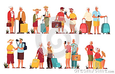 Vector illustration set of elderly tourist with laggage and handbag. Vector Illustration