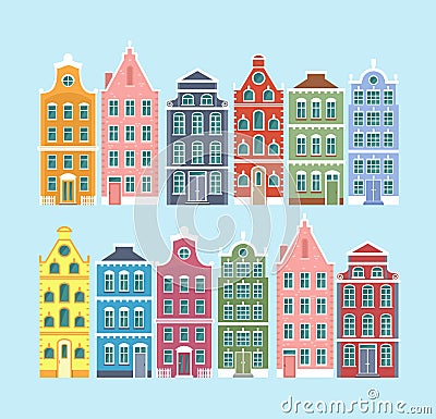 Vector illustration set of european old style colorful houses isolated on light blue color background. Dutch, Netherland Vector Illustration