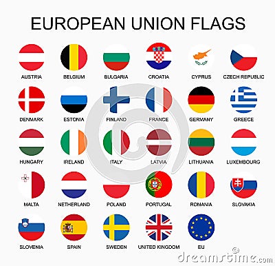 Vector illustration set of European Union countries flags on white background. EU members flags. Vector Illustration