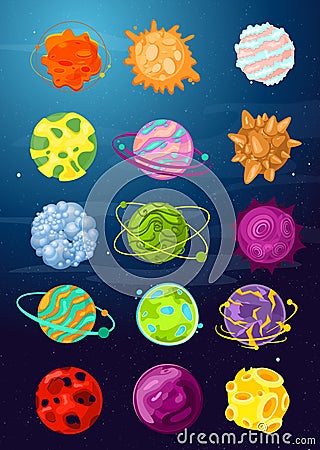 Vector illustration set of fantastic cartoon planets, asteroids, space objects in bright colors flat style. Vector Illustration