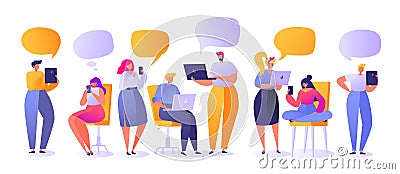 Vector illustration with set of flat people characters chatting in social networks. Vector Illustration