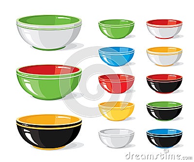 Vector illustration set of food icons. Different colourful empty bowls on a white background. Cooking collection Vector Illustration