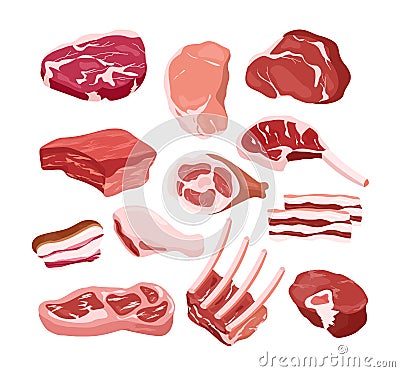 Vector illustration set of fresh tasty meat icons in flat style, isolated objects on white background. Gastronomic Vector Illustration