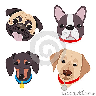 Vector illustration, set of funny head of purebred dogs, on a white background Vector Illustration