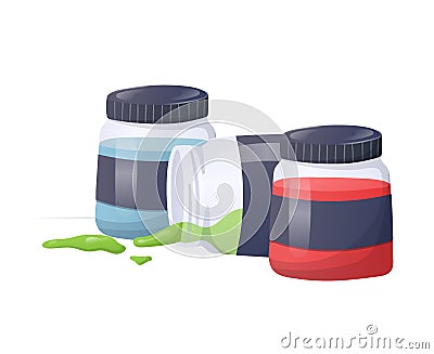 Vector illustration of a set of glass jars with multi-colored paints. One of the open cans lies on its side, drops of paint have Vector Illustration