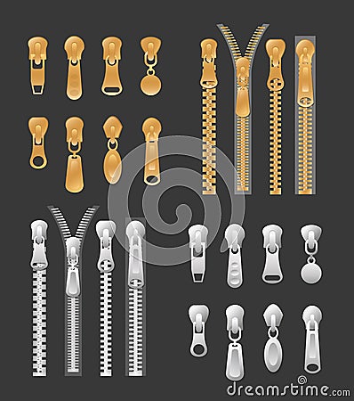 Vector illustration set of gold color and silver metallic zippers. Closed and open pullers collection on black Vector Illustration