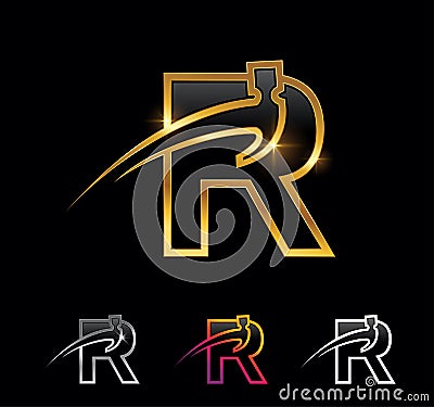 Golden Monogram Hammer Initial Letter R Vector Illustration