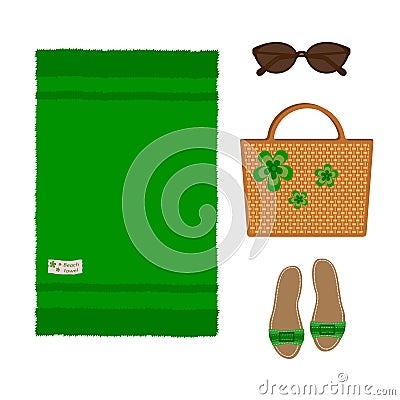 Set of beach green towel, wicker bag, sandals and sunglasses, isolated on white background Cartoon Illustration