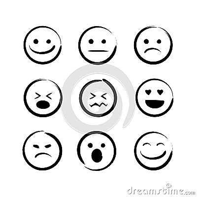 Vector illustration set of hand drawn emojis faces. Doodle emoticons, ink brush icon on a white background. Vector Illustration