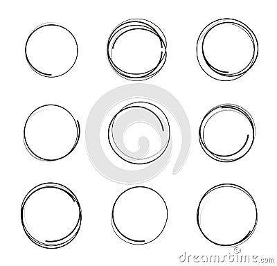 Vector illustration set of hand drawn scribble circles isolated on white background, logo design elements. Vector Illustration