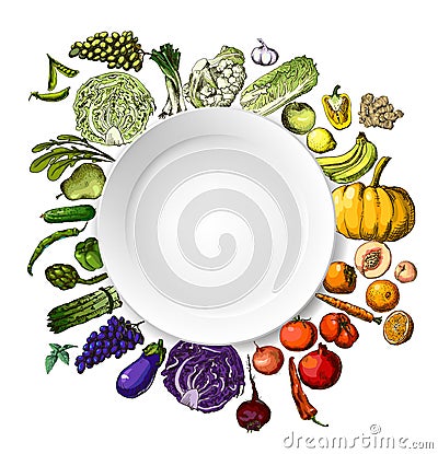 Hand-painted vegetables, fruits Vector Illustration