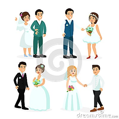 Vector illustration set of happy characters bride and groom isolated on white background in cartoon flat style. Element Vector Illustration