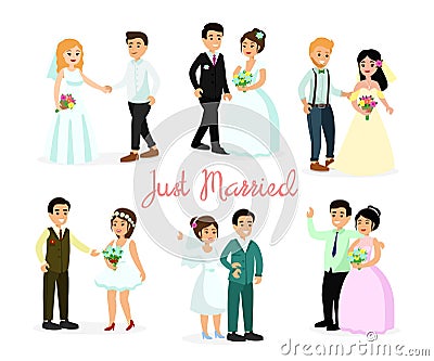 Vector illustration set of happy characters bride and groom isolated on white background in cartoon flat style. Wegging Vector Illustration