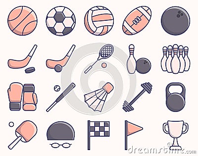 Vector illustration set of icons of sports accessories of different types. Flat style sports equipment. Vector Illustration