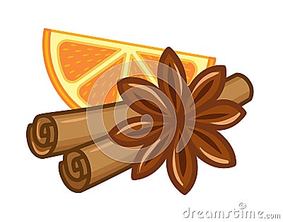 Vector illustration set of ingredients for mulled wine spices. A slice of orange fruit, cinnamon sticks and star anise Vector Illustration