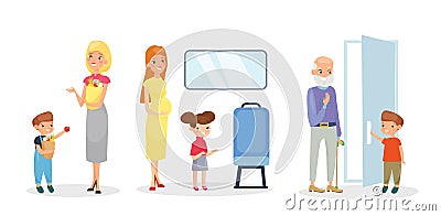 Vector illustration set of kids helping adults, good manners. Polite cute children, opening door for old man, helping to Vector Illustration