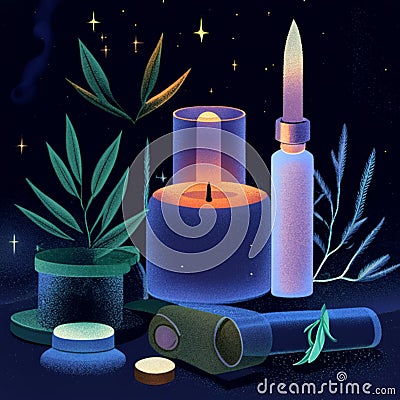 Vector illustration of a set of magic objects. A candle, a bottle with a potion, an incense stick and a plant. AI Generated Cartoon Illustration