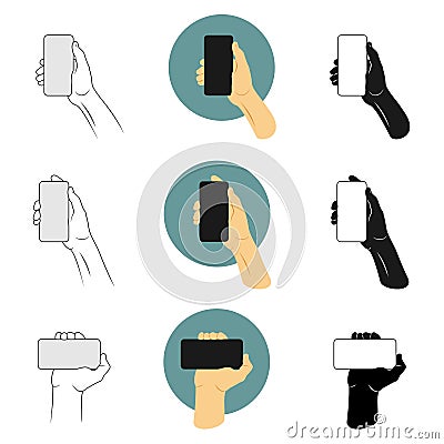 Vector illustration set man holding smartphone with the right hand to making selfie Vector Illustration