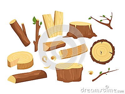 Vector illustration set of materials for wood industry. Collection of tree logs, planks, stump, twigs and trunks in Vector Illustration
