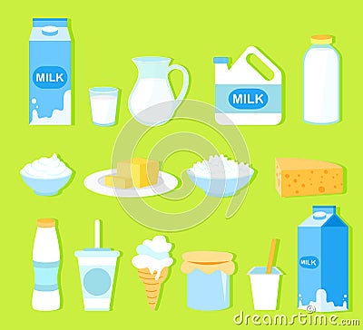 Vector illustration set of milk products in flat cartoon style. Collection milk, butter, cheese, yogurt, cottage cheese Vector Illustration
