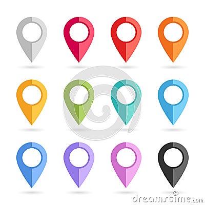 Vector illustration. Set of multi-colored map pointers. GPS location symbol. Flat design style. Collection of blank markers for Vector Illustration