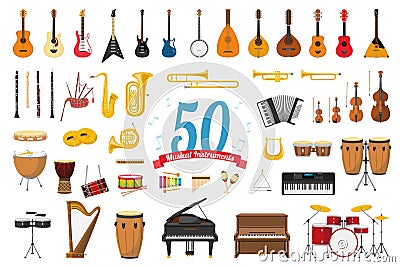 Set of 50 musical instruments in cartoon style isolated on white background Vector Illustration