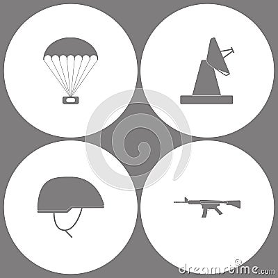 Vector Illustration Set Office Army Icons. Elements of parachute with cargo, Satellite Dish, Soldier helmet and weapon automat ico Stock Photo