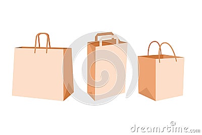 Vector illustration set of paper shopping bags isolated on white background. Vector flat bag for shop Vector Illustration